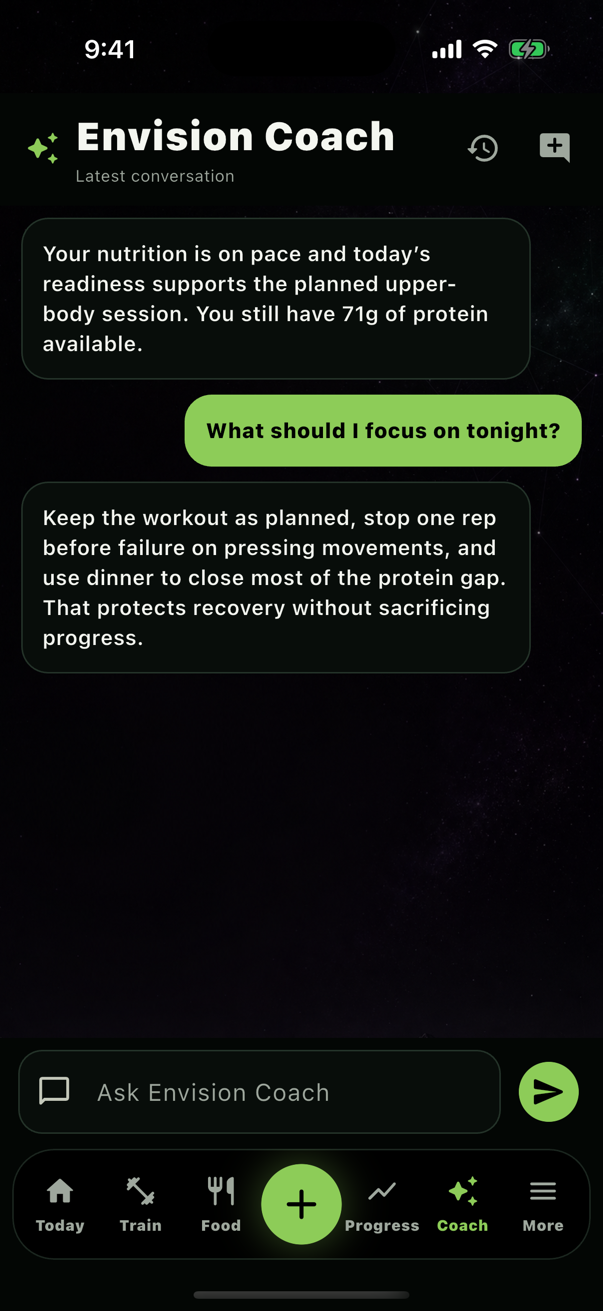 Envision AI fitness coach connecting nutrition, readiness, and a planned workout