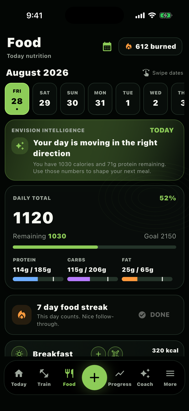 Envision workout and nutrition app showing macro targets and connected coaching guidance